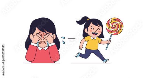 Sadness evaporates as joyful child receives delightful swirl lollipop