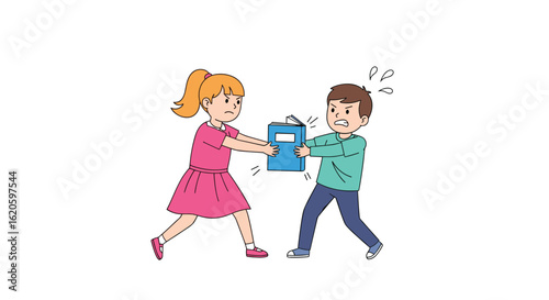 Two young children are pulling a blue box back and forth showing a conflict or disagreement between them over an object