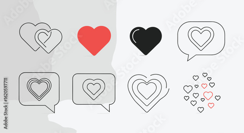 A collection of heart icons representing love and connection in various styles and forms