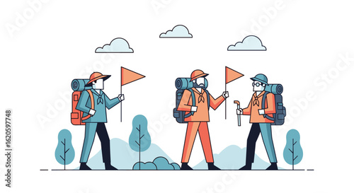 Three hikers with backpacks and flags reaching a destination together in a mountain landscape