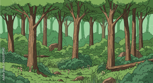Exploring the deep verdant forest with animals hidden among the lush green trees and undergrowth