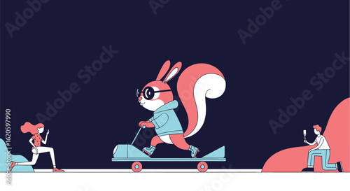 A stylish squirrel on a scooter leads the way for active friends enjoying the outdoors and healthy living