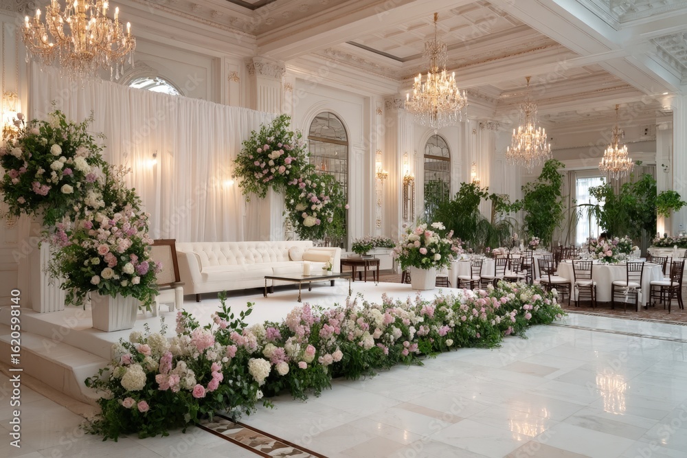 Fototapeta premium Bridal dais with crystal chandeliers and blush pink floral arrangements with copy space. Warm lighting. Luxury wedding hall background.