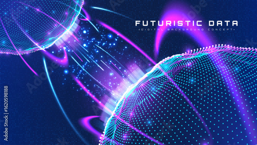 Futuristic background with blue particle glowing elements and pink. Digital network technology and data city flow design. Vector illustration.