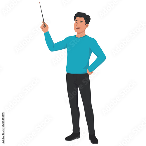 Man in blue sweater pointing upwards with a stick while standing with hand on hip and smiling cheerfully