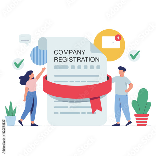 People standing near company registration document with ribbon and notification icon illustration