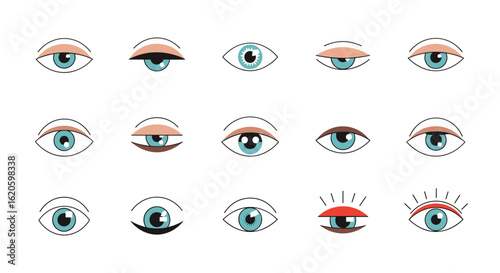 Collection of illustrated open and closed eyes in different styles and poses