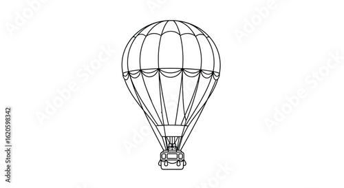 A detailed outline sketch of a classic hot air balloon ready for flight offering scenic aerial views