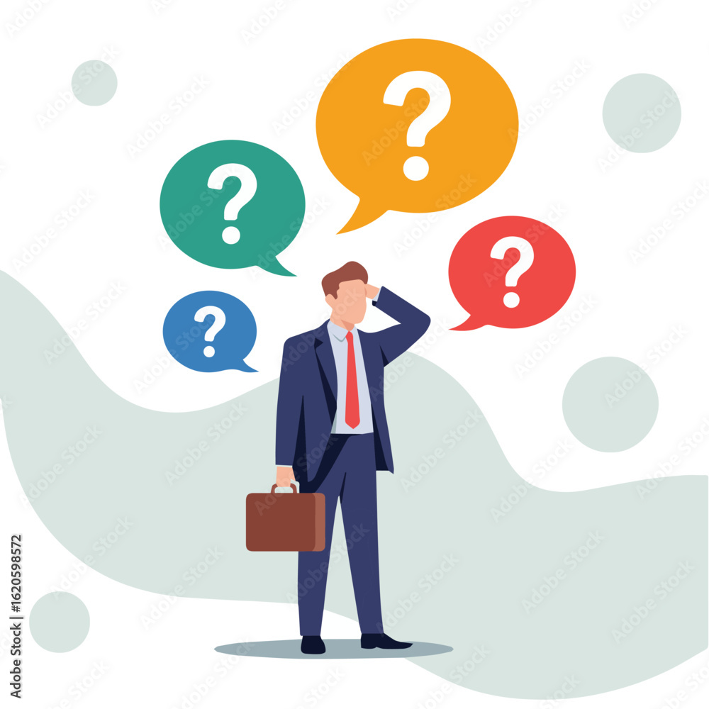 Man in suit surrounded by question mark speech bubbles expressing confusion and uncertainty about problems Man in suit surrounded by question mark speech bubbles expressing confusion and uncertainty about problems