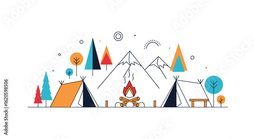 Vibrant mountain camping scene with teepees bonfire and geometric trees illustration