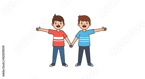 Two young boys holding hands cheerfully with arms outstretched in a friendly gesture of unity and happiness