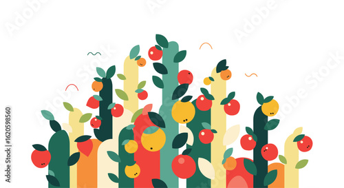 A vibrant digital illustration depicts a bountiful harvest with colorful fruit trees and small birds in flight