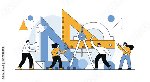 Teamwork and mathematical precision with geometric tools and measurement instruments