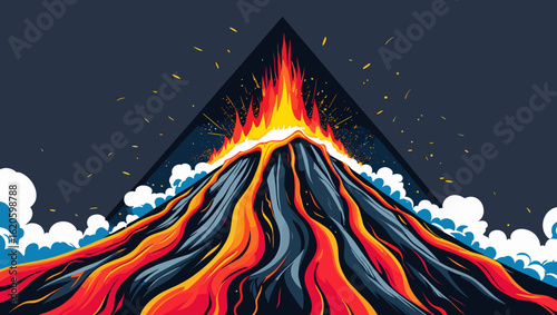 Vibrant illustration of an erupting volcano with flowing lava and dynamic flames against a dark geometric background