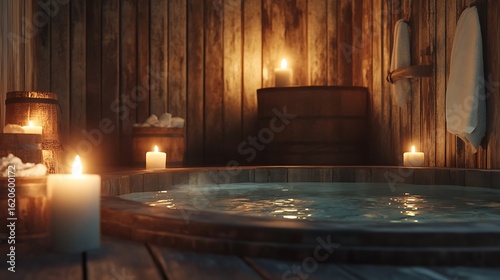 Soft candlelight flickering by a wooden bathhouse