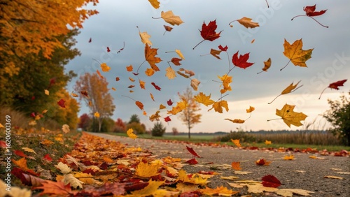 Dramatic autumn leaves falling on road in vibrant seasonal colors for Thanksgiving and harvest celebrations