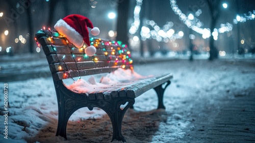 Empty park bench adorned with Christmas lights and a Santa hat in the snow