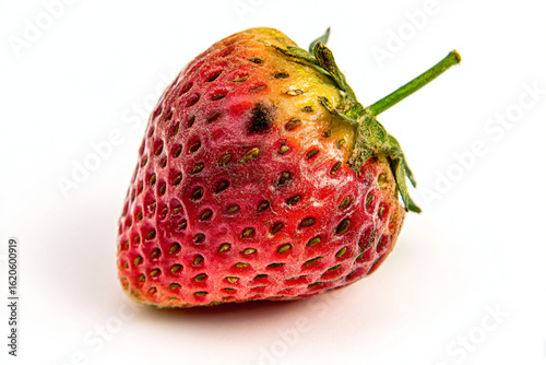 a strawberry with a green stem and a red berry