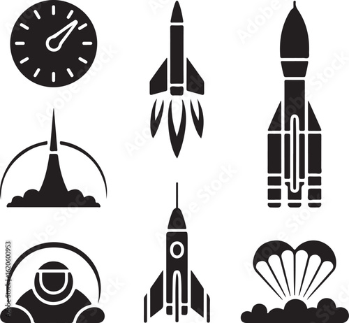 Rocket Launch Stages Solid Icon Set – Countdown, Ignition, Liftoff, Stage Separation, Orbit Insertion, Reentry, and Landing