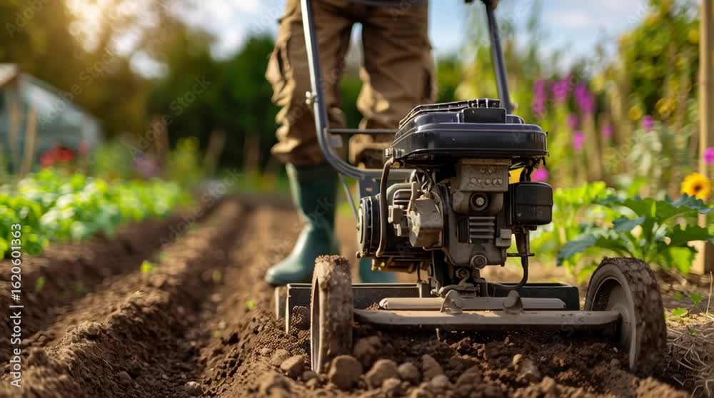 Gas-Powered Garden Tiller Cultivating Soil Between Rows of Vegetables in Lush Backyard Farm Video Gas-Powered Garden Tiller Cultivating Soil Between Rows of Vegetables in Lush Backyard Farm Video