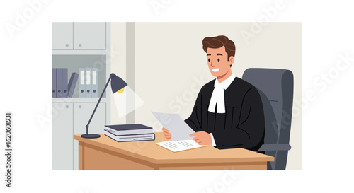 Smiling Lawyer Reviewing Documents at Desk.