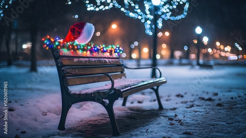 Park bench decorated with Christmas lights