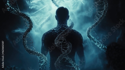 Glowing human DNA double helix chain structure representing genetic science and medical innovation. Human silhouette and DNA.