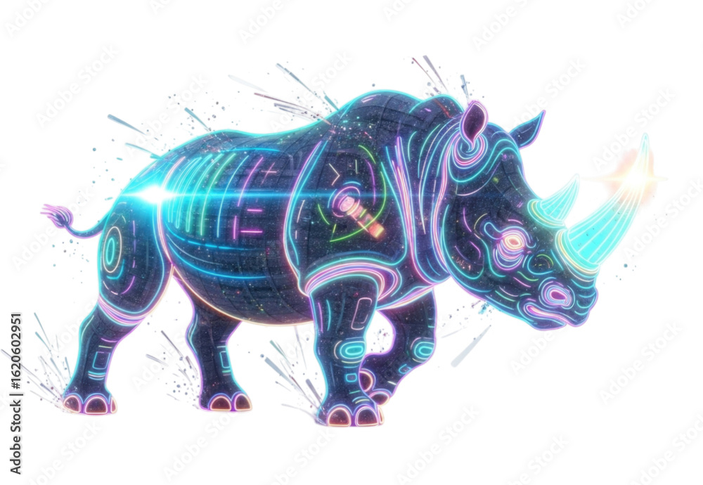Fototapeta premium Rhinoceros with neon circuit patterns design, colorful and futuristic look, cutout isolated on transparent bg, png