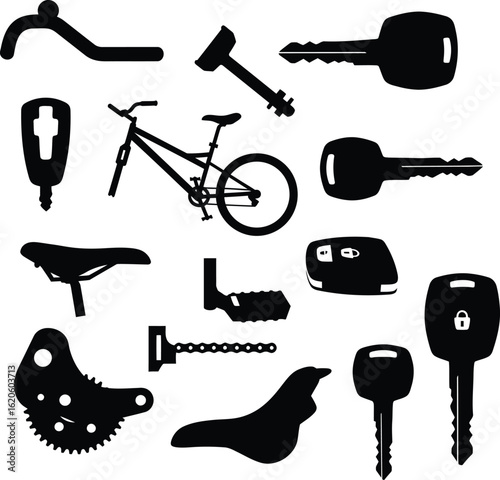 Black Silhouette Bicycle & Parts with Keys: Comprehensive Icon Set of Bicycles, Bike Components, and Various Keys for Transportation, Repair, and Security Concepts.