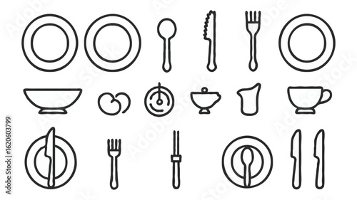 Elegant Tableware Line Art Collection A Variety of Dishes and Utensils Depicted in Black and White