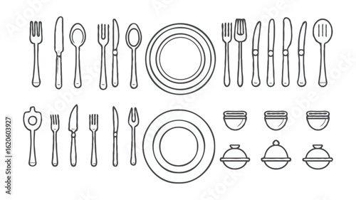 Elegant Table Setting Illustration with Cutlery and Dishes, Perfect for Restaurant Menus or Culinary Design Projects
