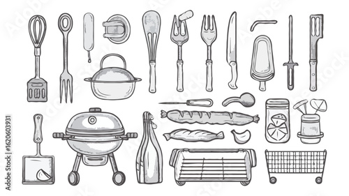 Charming Hand Drawn BBQ and Kitchen Utensils Illustration A Collection of Whimsical Culinary Necessities for Cooking and Grilling