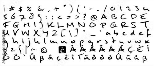 Handwritten Font Set – Complete Alphabet, Symbols, and Accented Letters in Black Ink Style