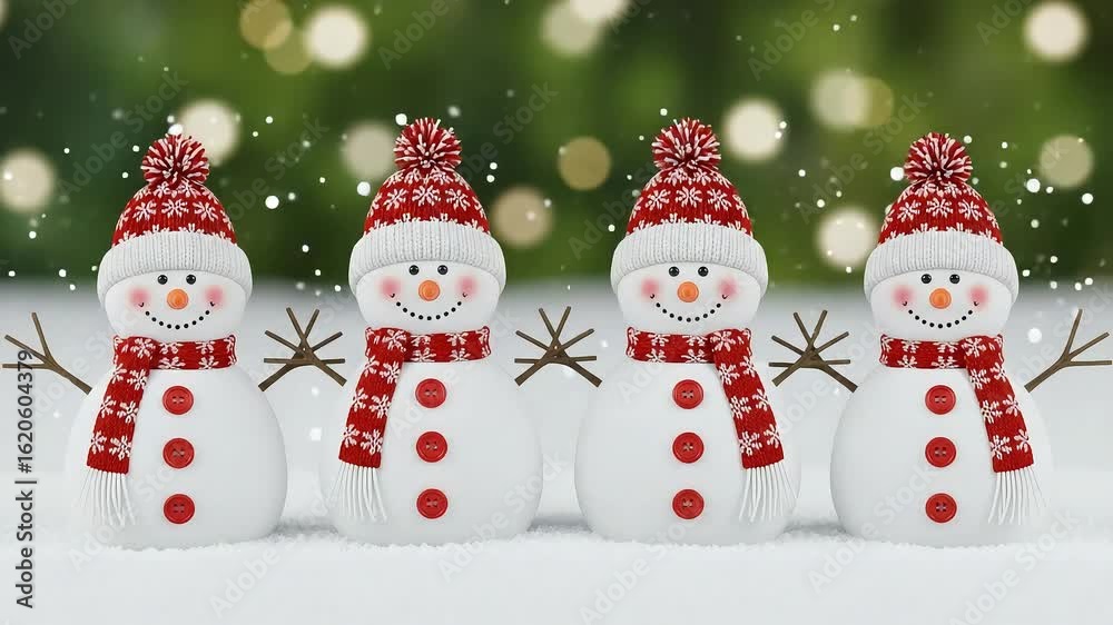 Four cheerful snowmen wearing red and white hats and scarves stand in the snow with bokeh lights in the background Four cheerful snowmen wearing red and white hats and scarves stand in the snow with bokeh lights in the background