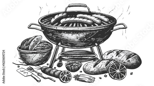 Grilling Goodness A Charcoal Grill Feast with Sausages Bread and Veggies Ready for a Summer Barbecue Celebration