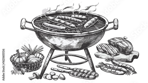 Barbecue Bounty A Charcoal Grill Feast with Sausages and Vegetables Ready for Summer Cooking