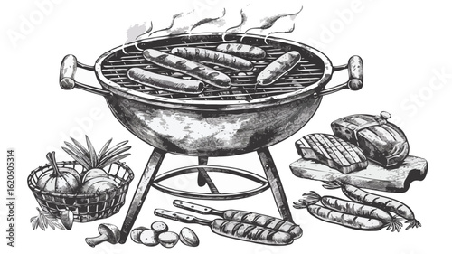 Monochromatic Grill Scene Featuring Sausages, Steak, and Vegetables for an Outdoor Cooking Experience