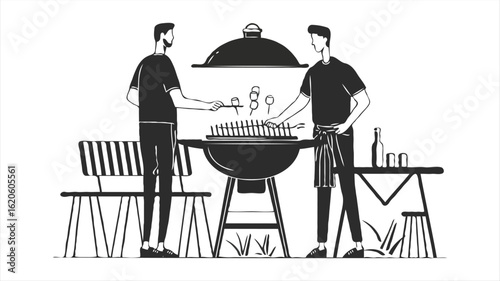 Black and White Illustration of Two Men Grilling Marshmallows at a Summer Barbecue with Seating and a Side Table