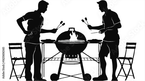 Silhouette of Two Men Grilling Outdoors, Marshmallows on Skewers Over Open Flames with Table and Chairs in the Background