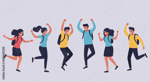 Joyful Students Celebrating Success with Backpacks and Raised Arms.