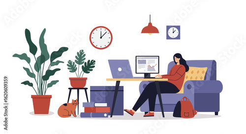 Woman Working Remotely at Home Office Desk.