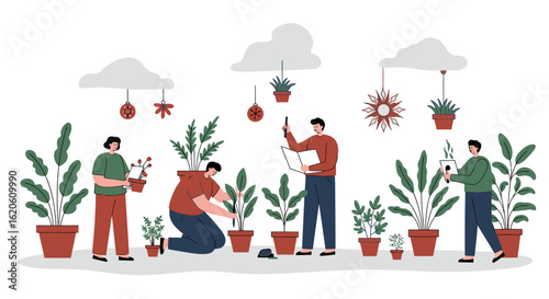 People Caring for Potted Plants in a Garden Setting.