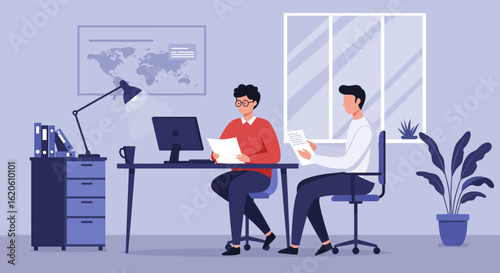 Two Men Working Together at Office Desk.