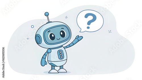 Robot-like character in soft blues holding a question mark, ideal for educational or tech-based UI elements