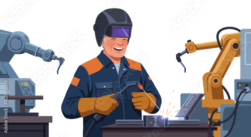 Smiling Welder with Welding Torch and Protective Gear.
