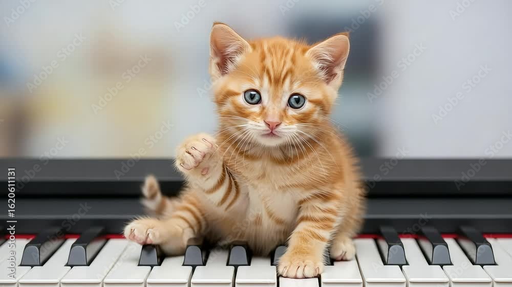 Adorable ginger tabby kitten sitting on a piano keyboard, looking at the camera with one paw raised
