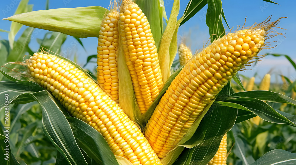 Obraz premium lush green corn field under a clear blue sky, showing fresh corn leaves and visible cobs. Captures natural farming landscape in summer for agriculture, food or rural concepts