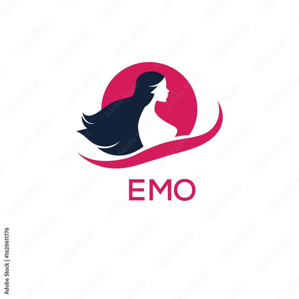 Fototapeta premium EMO Letter Logo. Elegant Woman Silhouette Logo Design for Beauty, Hair Salon, and Cosmetics Branding. 
