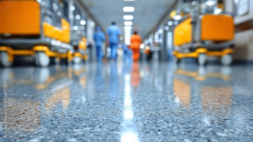 Fototapeta premium Blurred Hospital Corridor: Medical Carts and Staff in Motion