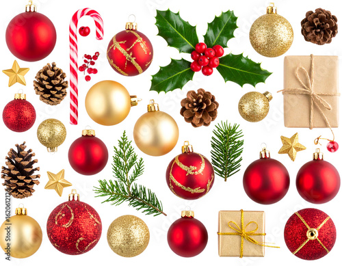 An - Classic Christmas Ornament Collection with Baubles, Candy Canes, and Holly Branches, Flat Lay Top View on Transparent Background.